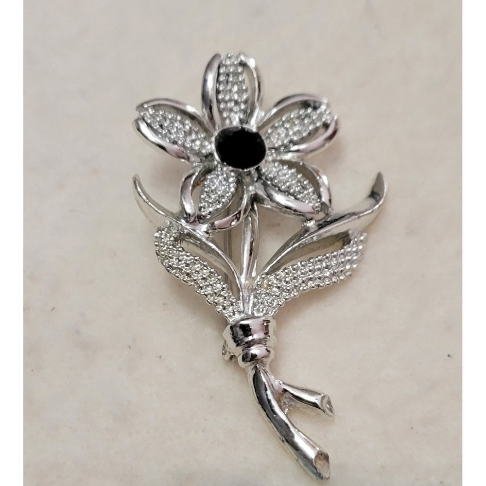 Vintage SARAH COVENTRY 1967 "‎ Black Beauty " Silver Tone Flower Brooch Pin 2"